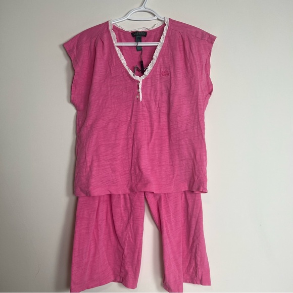Lauren Ralph Lauren Pink Jersey Pajama Set - Lace Trim LRL Monogram Size - Picture 1 of 12
